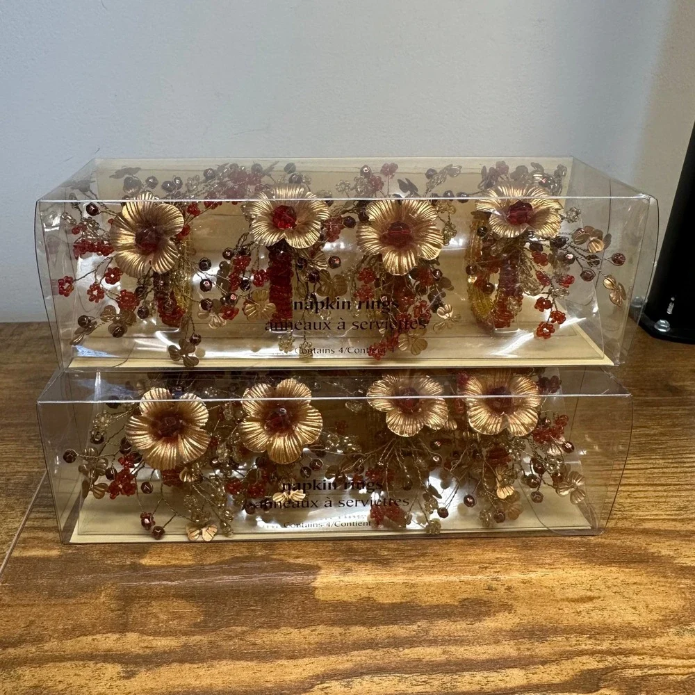 Pier 1 Imports Beaded Floral Napkin Rings Red Gold Set of 8 SKU 2074553 Holiday